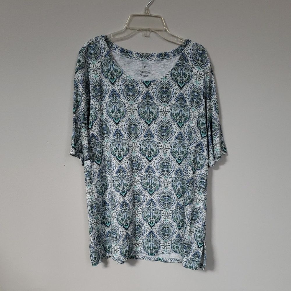 J. Jill Top Womens L Pima Cotton Blue Scoop Neck Side Slit Tunic Office Casual